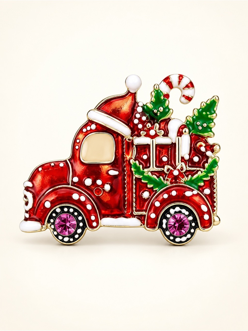 Red Christmas Truck Gold Brooch